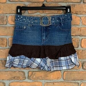 Y2K Rewind Skort Girls 10 Blue Denim Mini Skort Studded Belt Tiered Ruffle Plaid